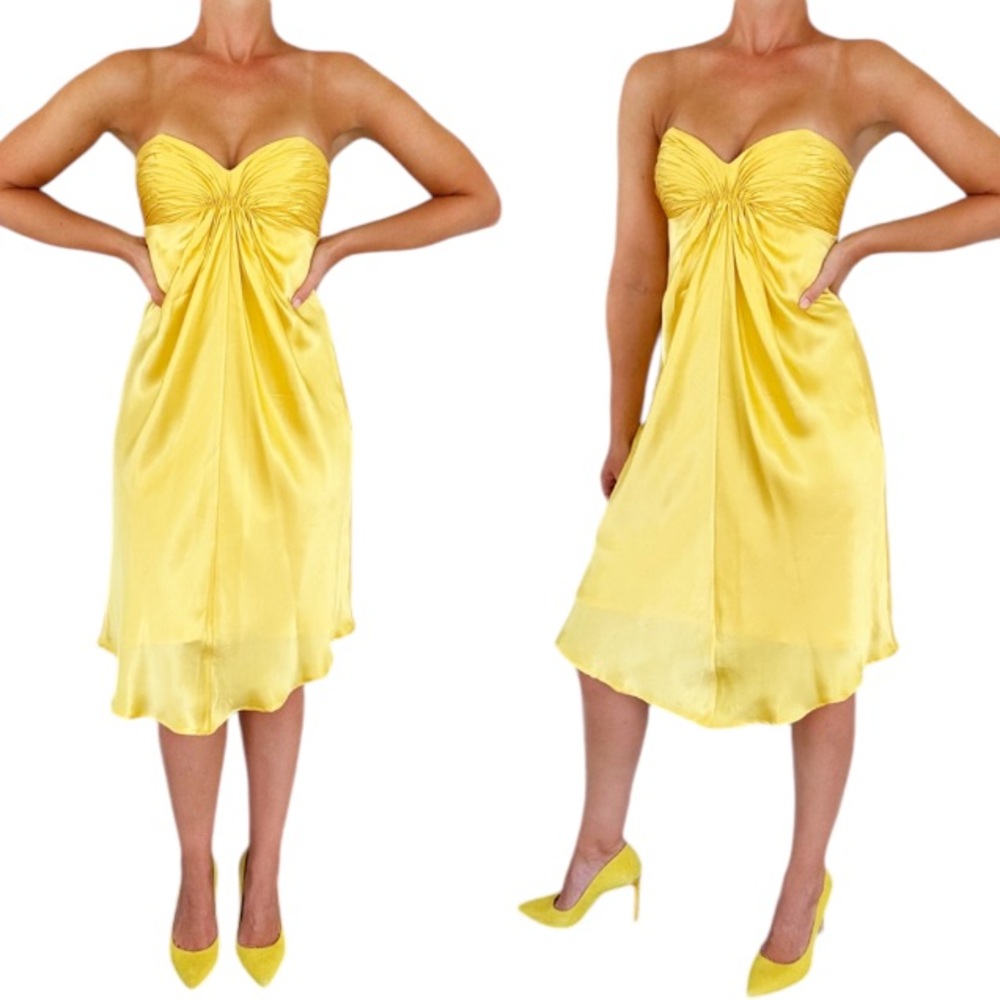 Laundry by Shelli Segal yellow satin ruched strapless sweetheart dress size 0